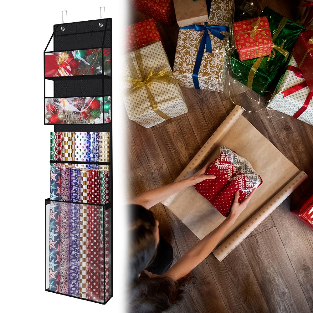 Christmas Gift Wrapping Paper Organizer, Holiday Decorations Storage Bag, Wall-mounted Various Festivals Storage Xmas Clearan