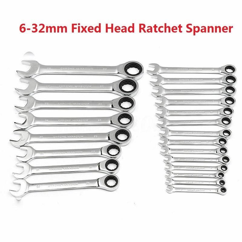 6mm-32mm Wrench Chrome Vanadium Steel Fixed Head Metric Ratchet Spanner**