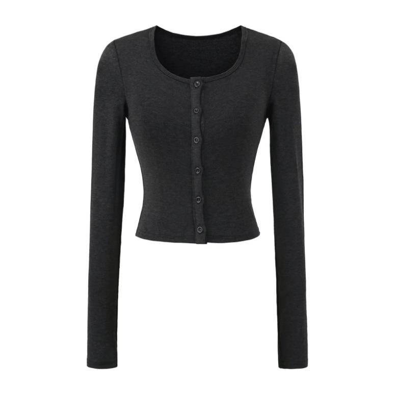Crew Neck Long-sleeved Cardigan T-shirt Women's Autumn New American Spice Girl Style Slim-fit Solid Color Single-breasted Bottoming Shirt