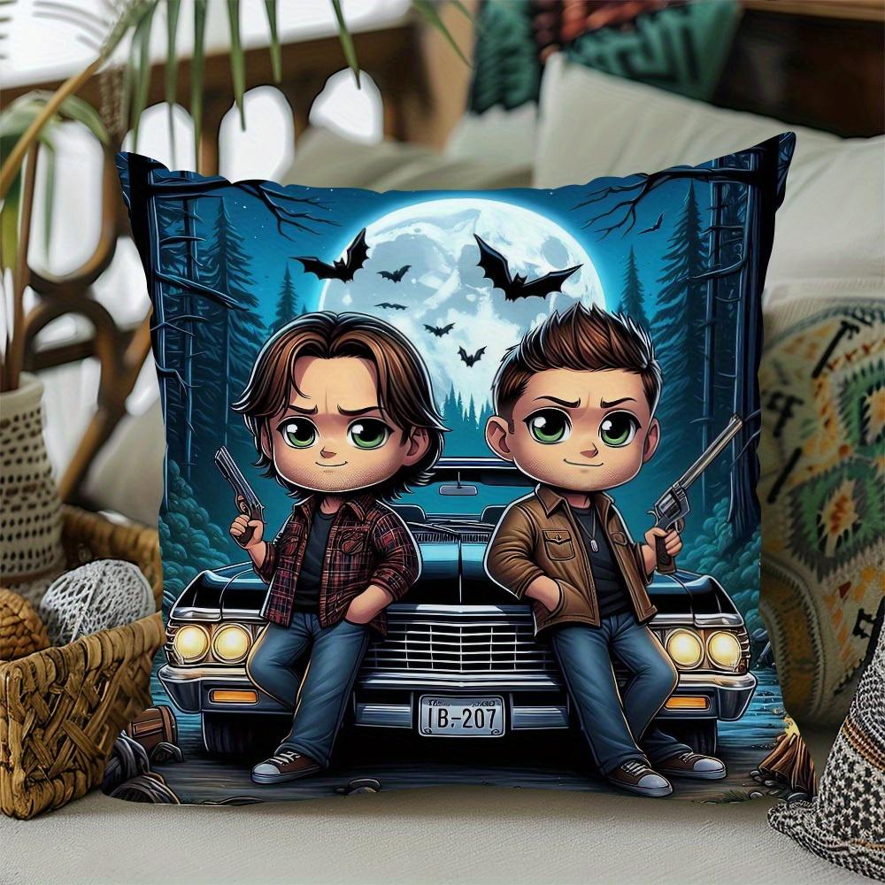 1Pc Chibi Supernatural Sam & Dean Pillow Cover, 2D Double-Sided Print Polyester Throw Pillow Case, Impala & Moonlit Forest Decor