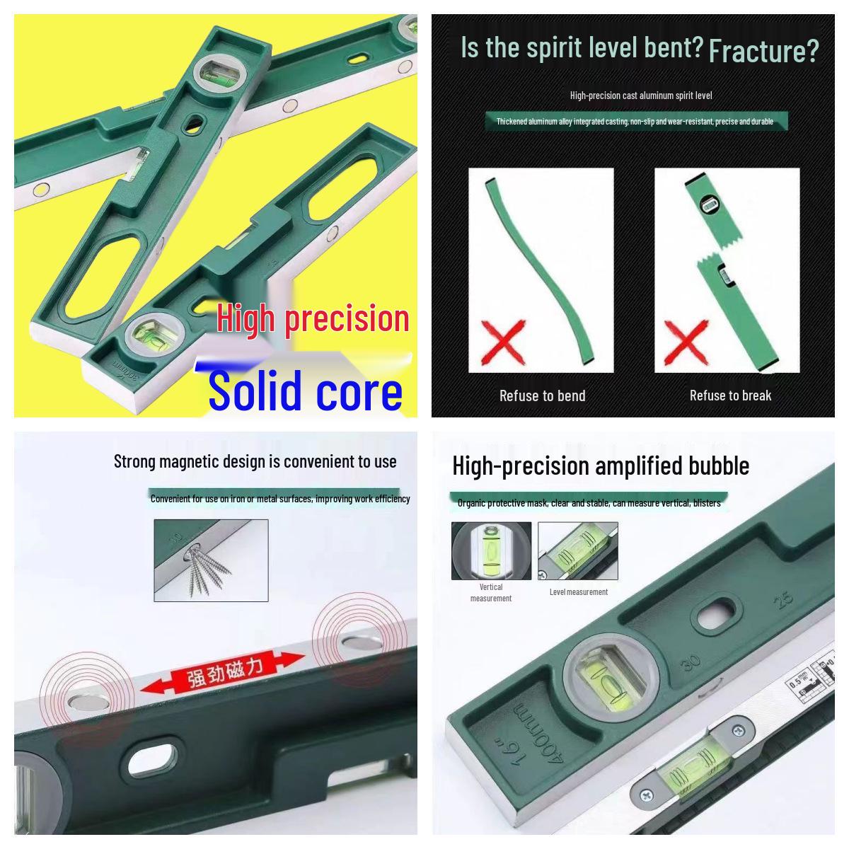 Высокоточный литой алюминиевый магнитный уровень для настенной плитки Solid Core 30CM Green with Magnetic Spirit Level