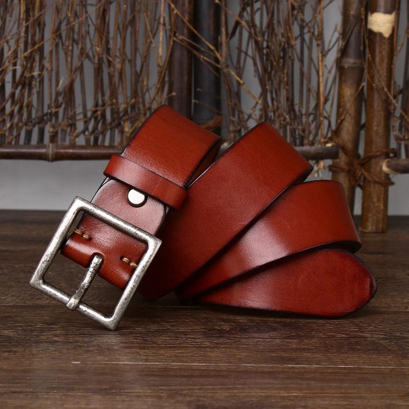 4.3Cm Wide Thickened First-Layer Cowhide Belt Men'S Genuine Leather Pure Copper Pin Buckle Simple Retro Casual Jeans Belt