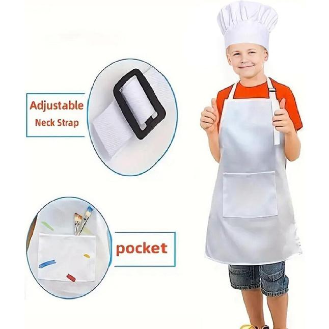 Kids Chef Hat And Apron Set For Cooking Baking Painting, Adjustable Kids Aprons And Chef Hats Set, White