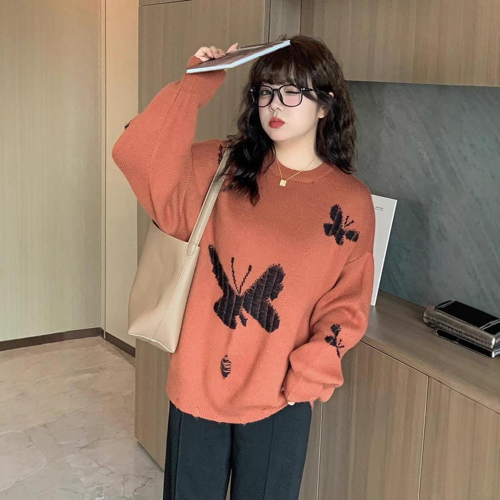 XHK2568 Plus Size Women's Winter Sweater - Hollow Out Butterfly Design, Soft and Cozy