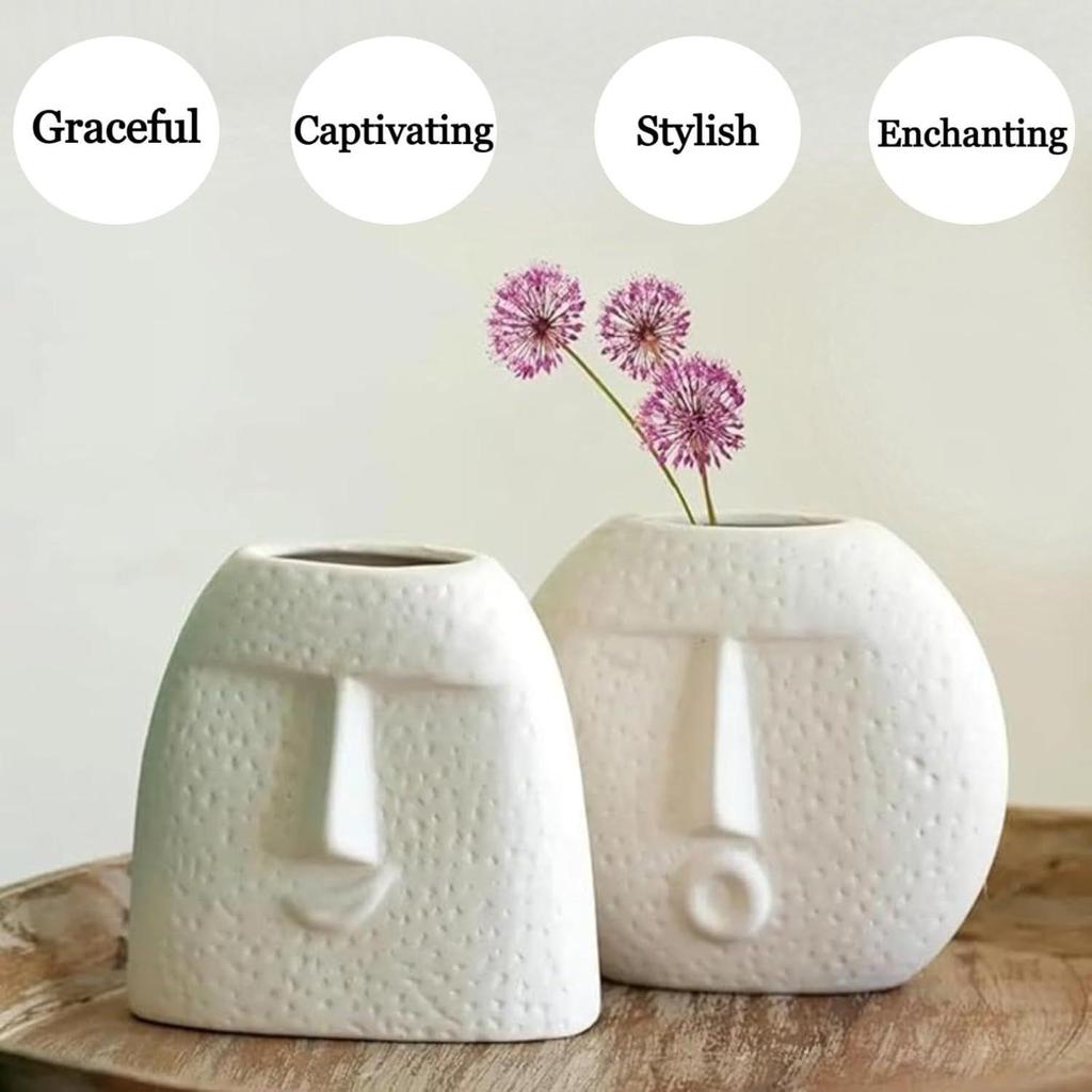 Ceramic White 'Kiss Face Vase' | Vases for Home Decor Decorative Vase for Dried Flowers and Pampas Grass - Set of 2