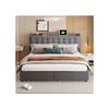 Lit double rembourré - MUVOE - 160x200 cm - Tiroirs de rangement - Prise USB intégrée - Tissu lin gris