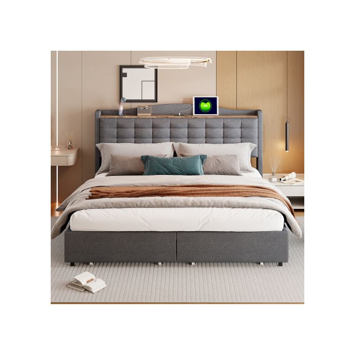 Lit double rembourré - MUVOE - 160x200 cm - Tiroirs de rangement - Prise USB intégrée - Tissu lin gris