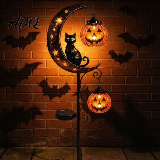 Atmospheric Porch Decoration for Halloween Solar Metal Garden Stake Light Auto On/Off Crescent Moon Black Cat with Hanging Powered Night Decor