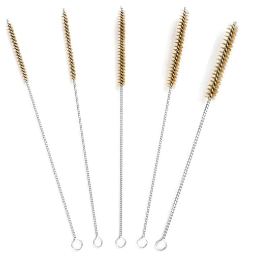 5-Piece Brass Wire Brush Set, 30cm Long, Tube Cleaning Brush with Metal Handle, Tornado Style, for Pipe, Tube, Cylinder Bore Cleaning, Rust Removal, a