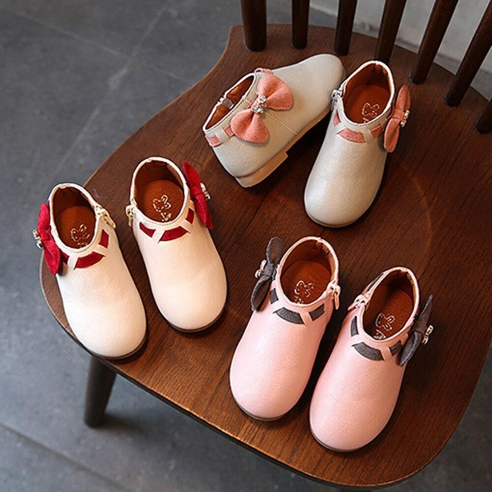 Fashionable Leather Baby Girl Bowknot Boots With Zipper Crib Shoes Moccasins