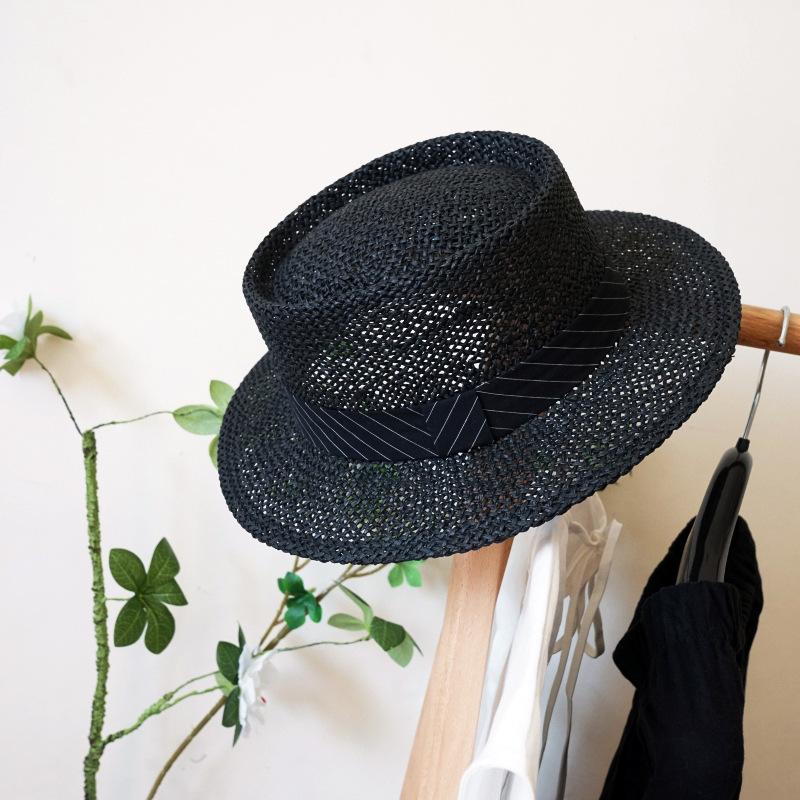 

Japanese Retro Black Short-Brimmed Woven Flat Top Top Top Hat For Men And Women, Summer Shading And Sun Protection, Beach Straw Hat, Gentleman M（56-58cm）