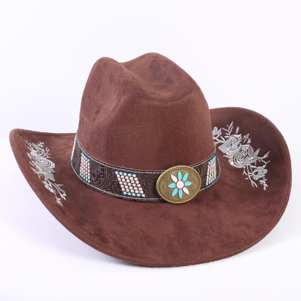 Popular European and American Classic Suede Western Cowboy Hat Men's and Women's Big Brim Embroidered Outdoor Sun Hat