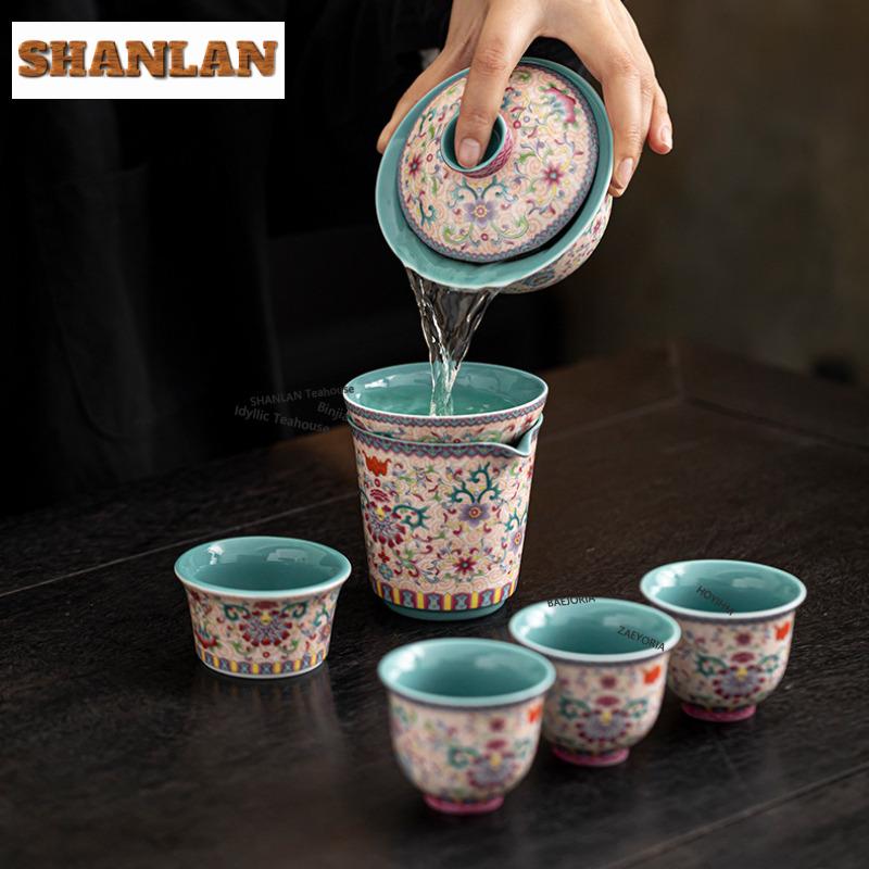 Color Enamel Flower Tea Set Complete Set Boutique Gaiwan Tea Ceremony Set Teapot And Tea Cup Set Chinese Tea Set Ornaments Gifts