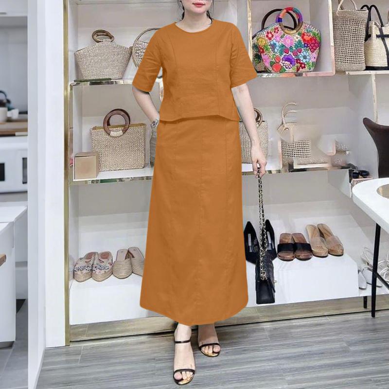 

ZANZEA Женский комплект из двух предметов: блузка с коротким рукавом и длинная юбка в стиле ретро 5XL