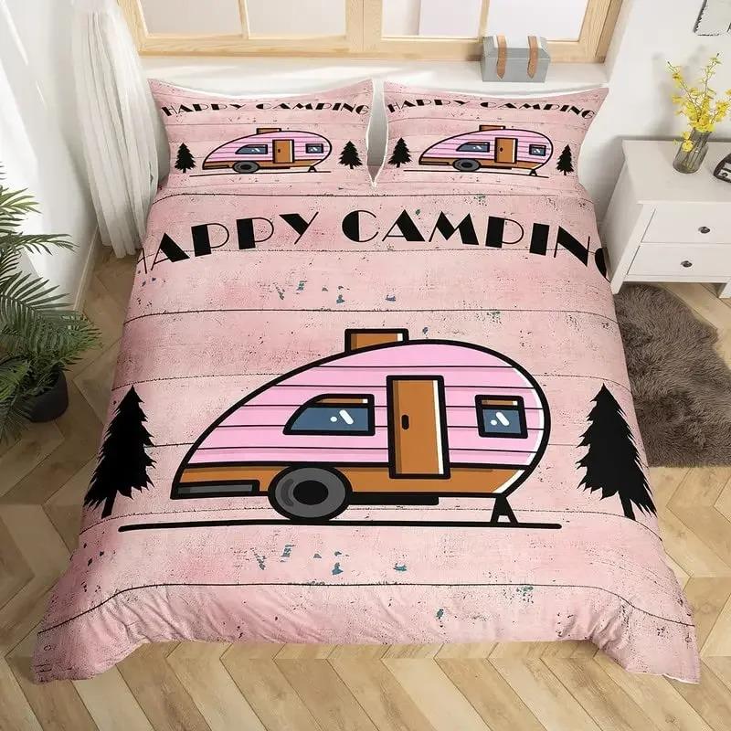 Happy Camping Bedding Set Camper Car Duvet Cover King Queen Microfiber Smoky Mountain Wood Print Quilt Cover Set For Girls Boys