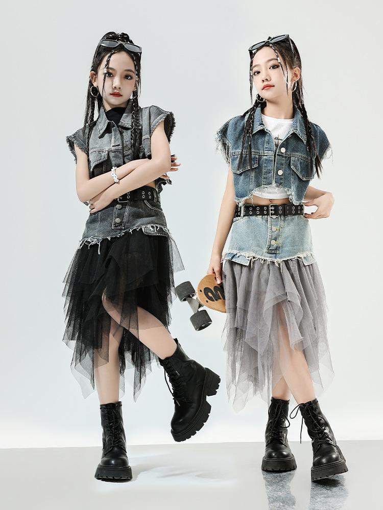 Mädchen Jazz Dance Hip Hop Denim Performance Outfit - Trendiges Kinder Laufsteg Set