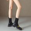 Women's Knitted Stretch Slimming Chunky Heel Ankle Boots, 2025 Autumn/Winter Retro Brown Mid-Heel Martin Loafers.