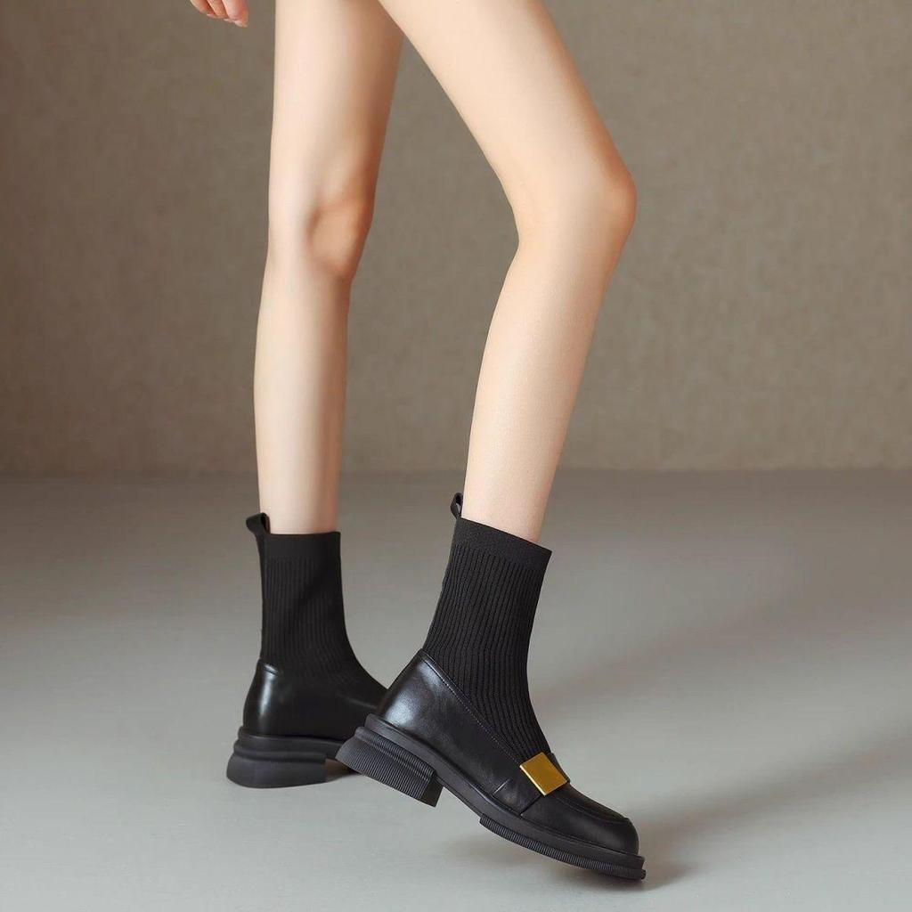 Women's Knitted Stretch Slimming Chunky Heel Ankle Boots, 2025 Autumn/Winter Retro Brown Mid-Heel Martin Loafers.