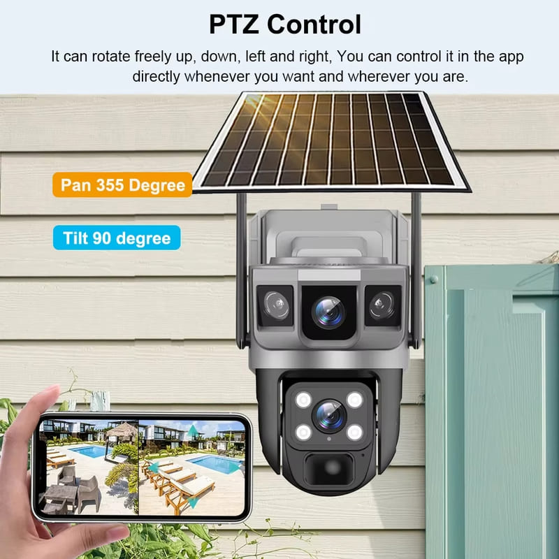 Dual Lens Three Screens WIFI Solar Camera 12MP 10X Zoom CCTV Outdoor Automatic Tracking Humanoid Detection Support PTZ IP66 Cam