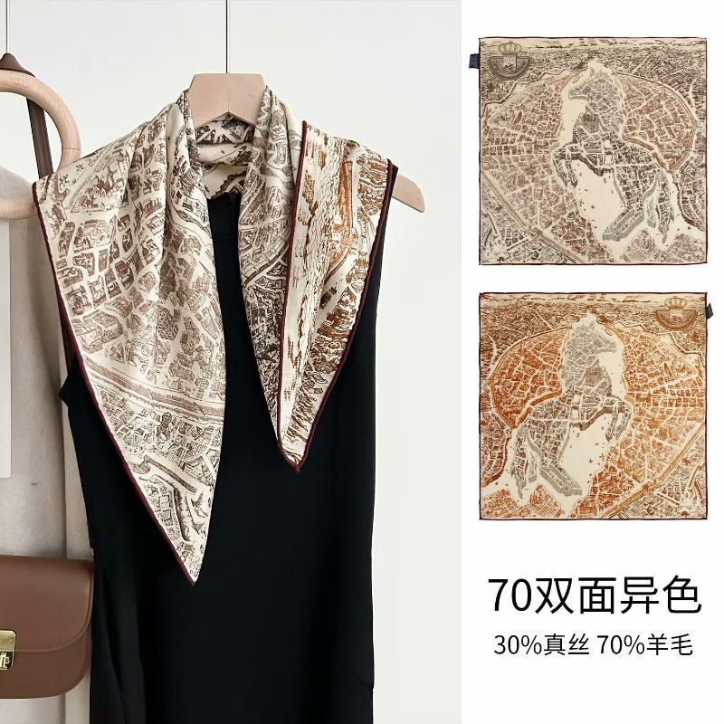 Double-sided Two-color Silk Wool Printed Silk Scarf Women's Tropical Jungle Silk Wool Scarf Light Luxury High-end Versatile Shawl