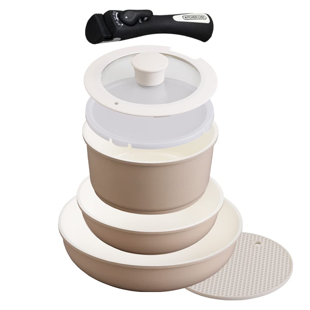 Iris Ohyama Detachable Handle Frying Pan Pot IH Gas Stove 26cm Compact Ceramic Color Beige [Time-saving & Energy-saving] & 6-Piece Set, & Compatible,