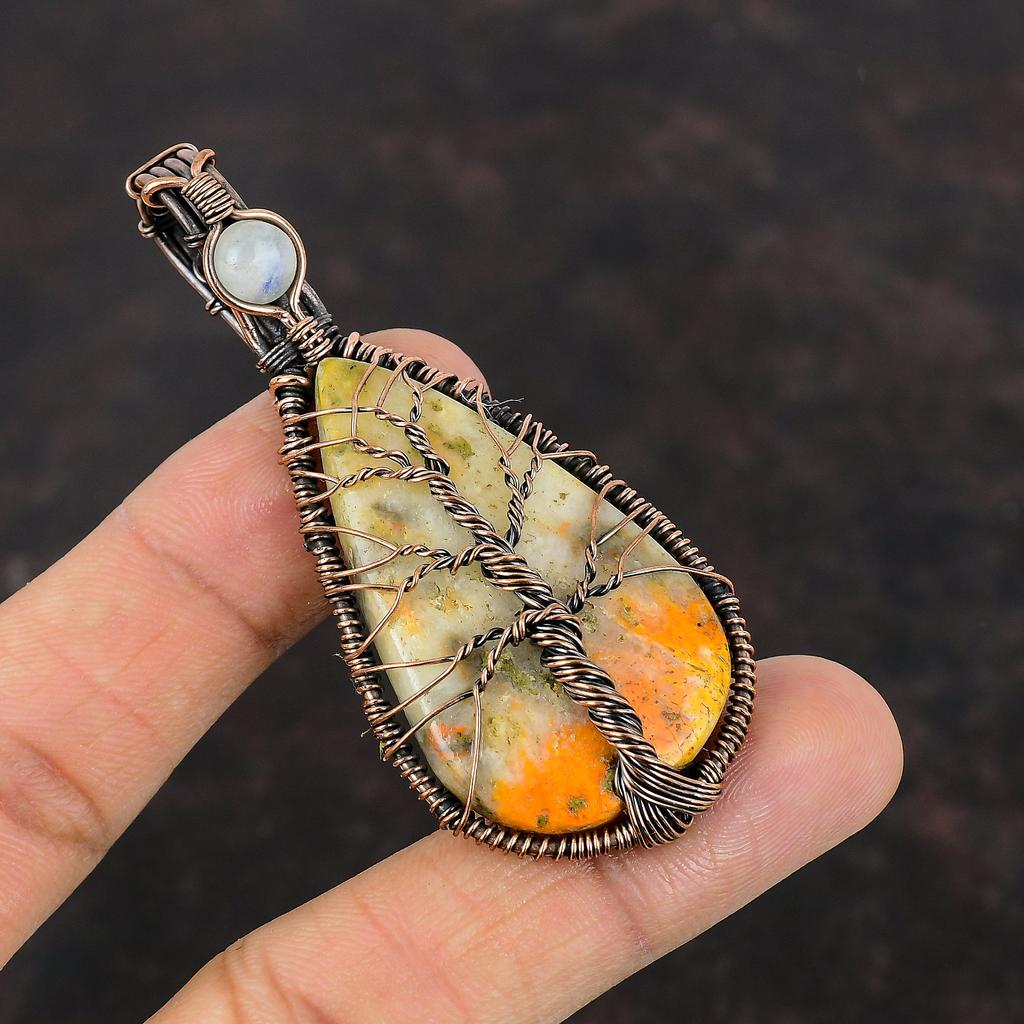 Tree Of Life Bumble Bee Jasper Pendant Copper Wire Wrapped Pendant Rainbow Moonstone Pendant Handmade Gemstone Pendant Unique Copper Jewelry