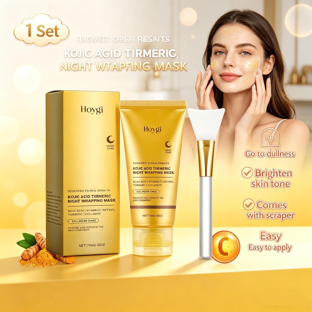 Maschera Notturna Avvolgente con Acido Cogico e Curcuma con Raschietto, Maschera Viso Peel-Off Gel alla Vitamina C per Pelle Idratata, 1 Confezione