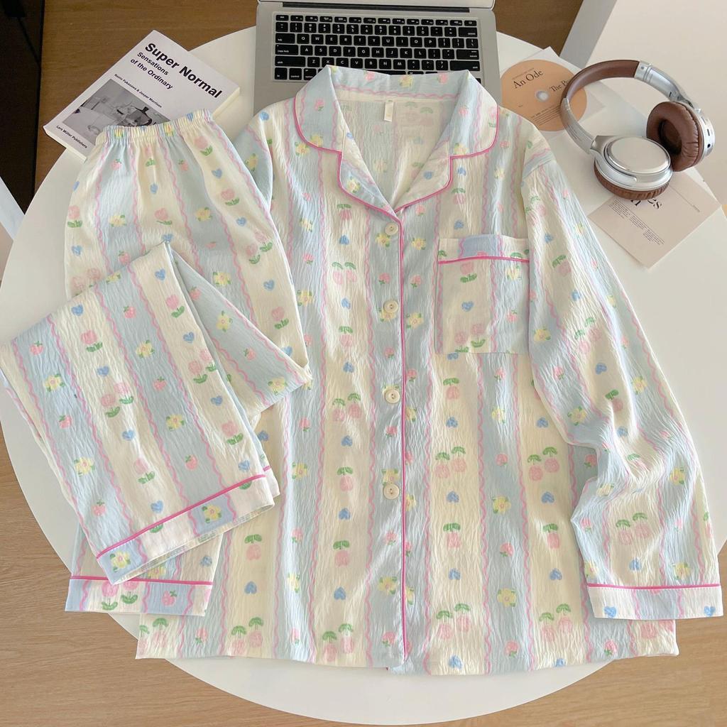Cloud Cotton Cartoon Pajama Set: Long Sleeve Cardigan and Pants for Women