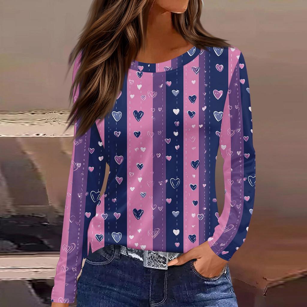 Women's Fashionable Long-Sleeved Round Neck Top with Slit Hem and Valentine's Day Heart Print