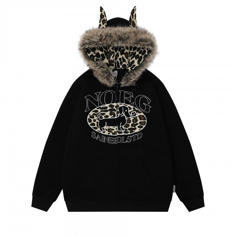 American Retro Leopard Print Embroidered Hooded Cardigan Sweatshirt Loose Casual Outerwear Men Women