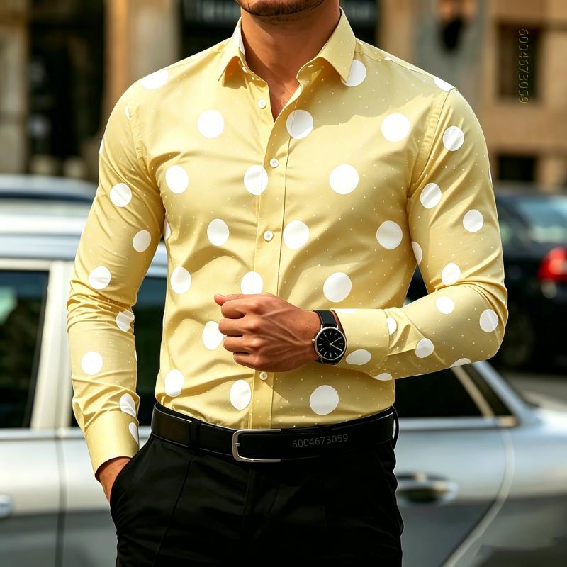 Camicia da Uomo a Pois Manica Lunga, Camicia Business Casual Slim Fit, Top da Uomo Tendenza Moda Casual da Esterno