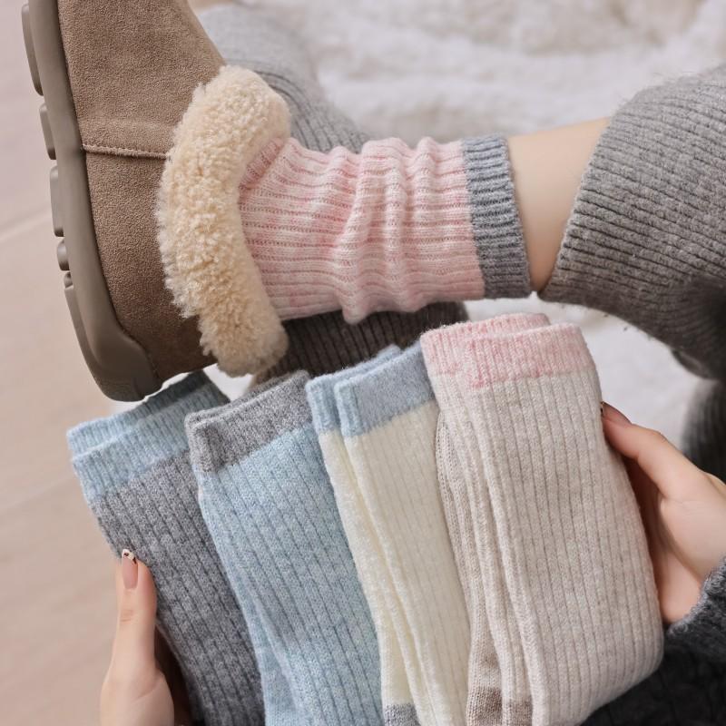 Mittellange Socken für Damen, Verdickte Wollsocken für Herbst und Winter, Unifarbene Damensocken, Bunte Dickgarn-Frotteesocken