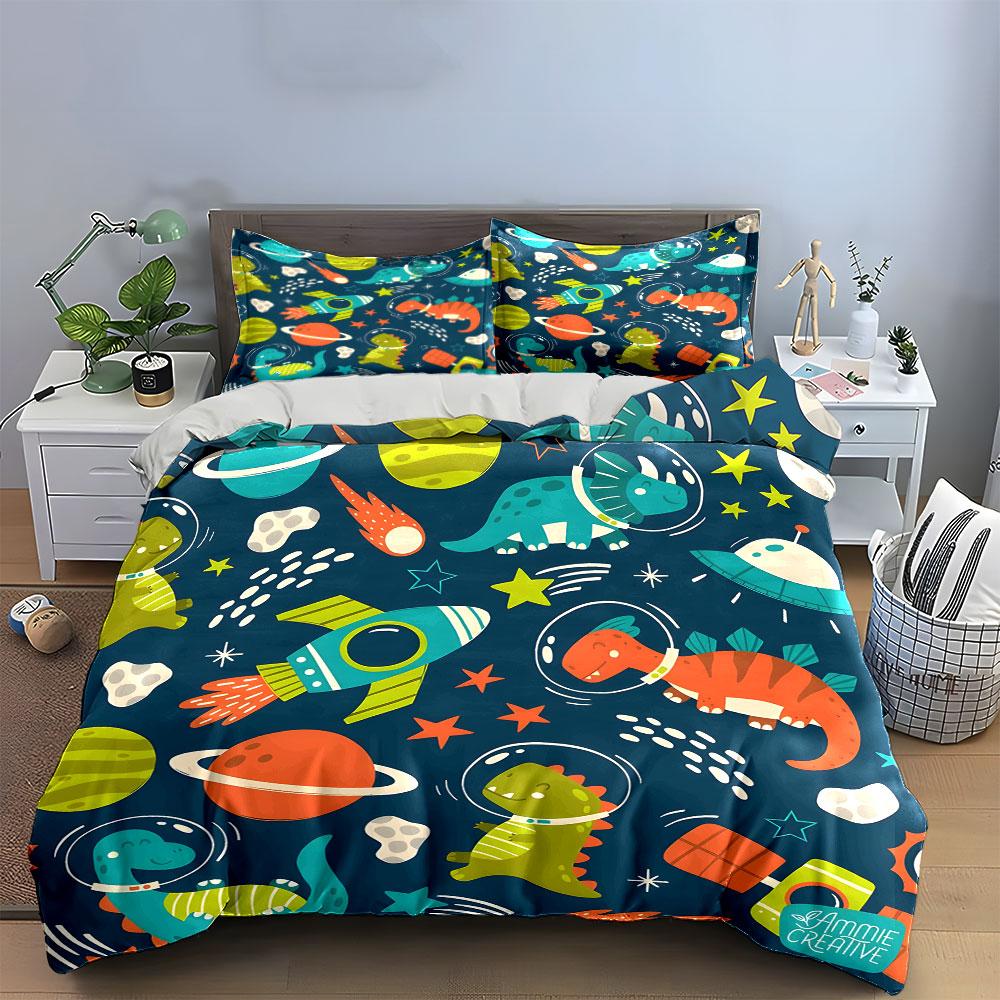 "Space-Themed Dinosaur Adventure Set" Exquisite three-piece bedding set gift for kids and adults