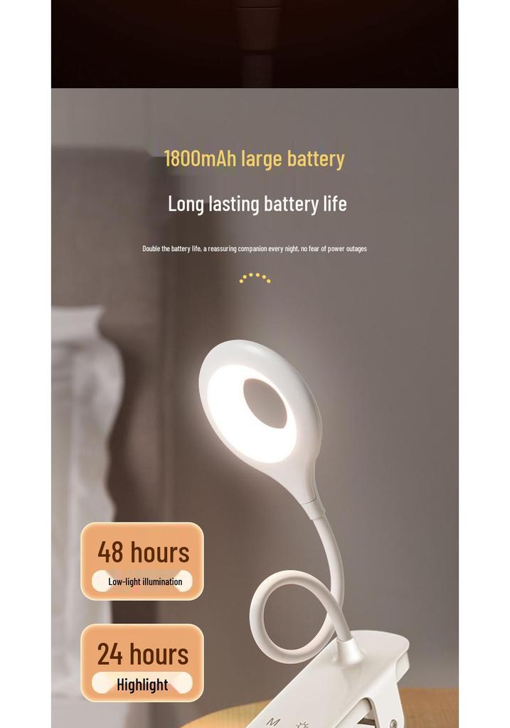 Clip-on Desk Lamp with Long Battery Life, Eye Protection, Dual Charging Options, and Bedside Use