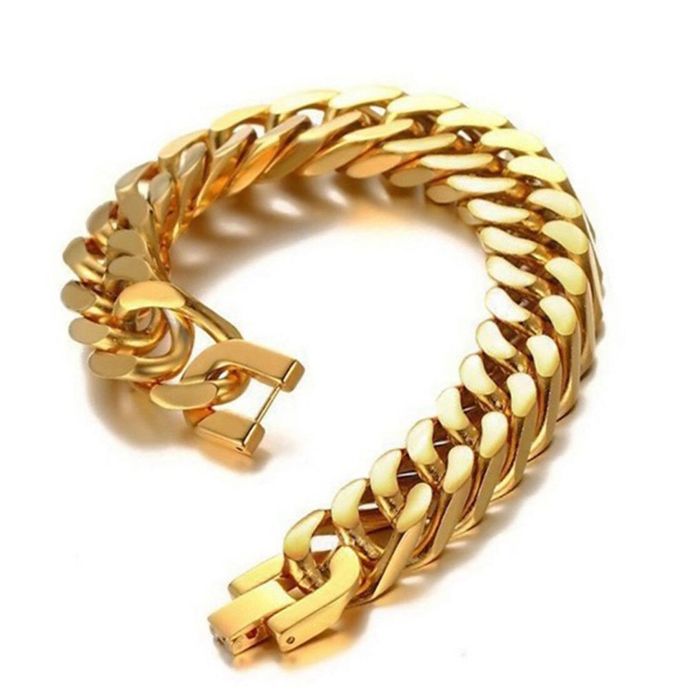 Arrive 15mm Trendy Stainless Steel Gold Cuban Curb Chain Bracelet Bangle Womens Mens Biker Jewelry  Custom