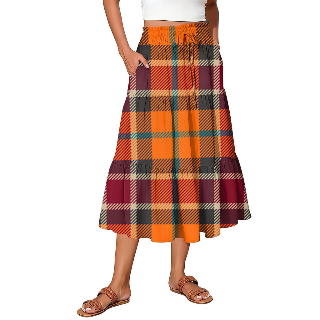 Ladies' Plaid Printed Casual Elastic Waist Drawstring Skirt