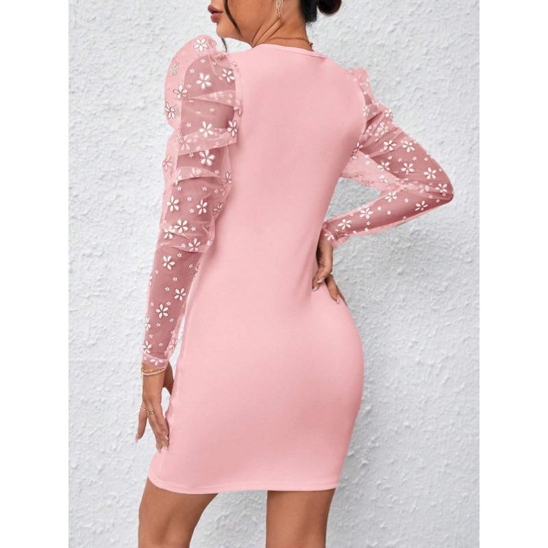 Women's Fashion Spring Fall Solid Color Print Long Sleeve O-Neck High Waist Casual Dresses