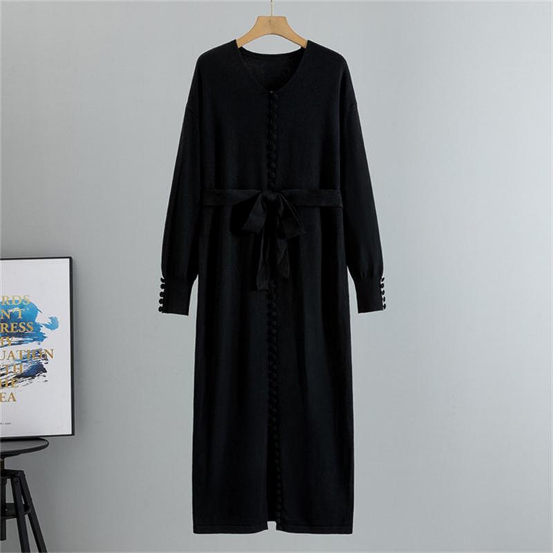 Autumn And Winter Women's V-Neck Base Knitted Long Dress  Loose Plus Size Solid Color Women's Dress