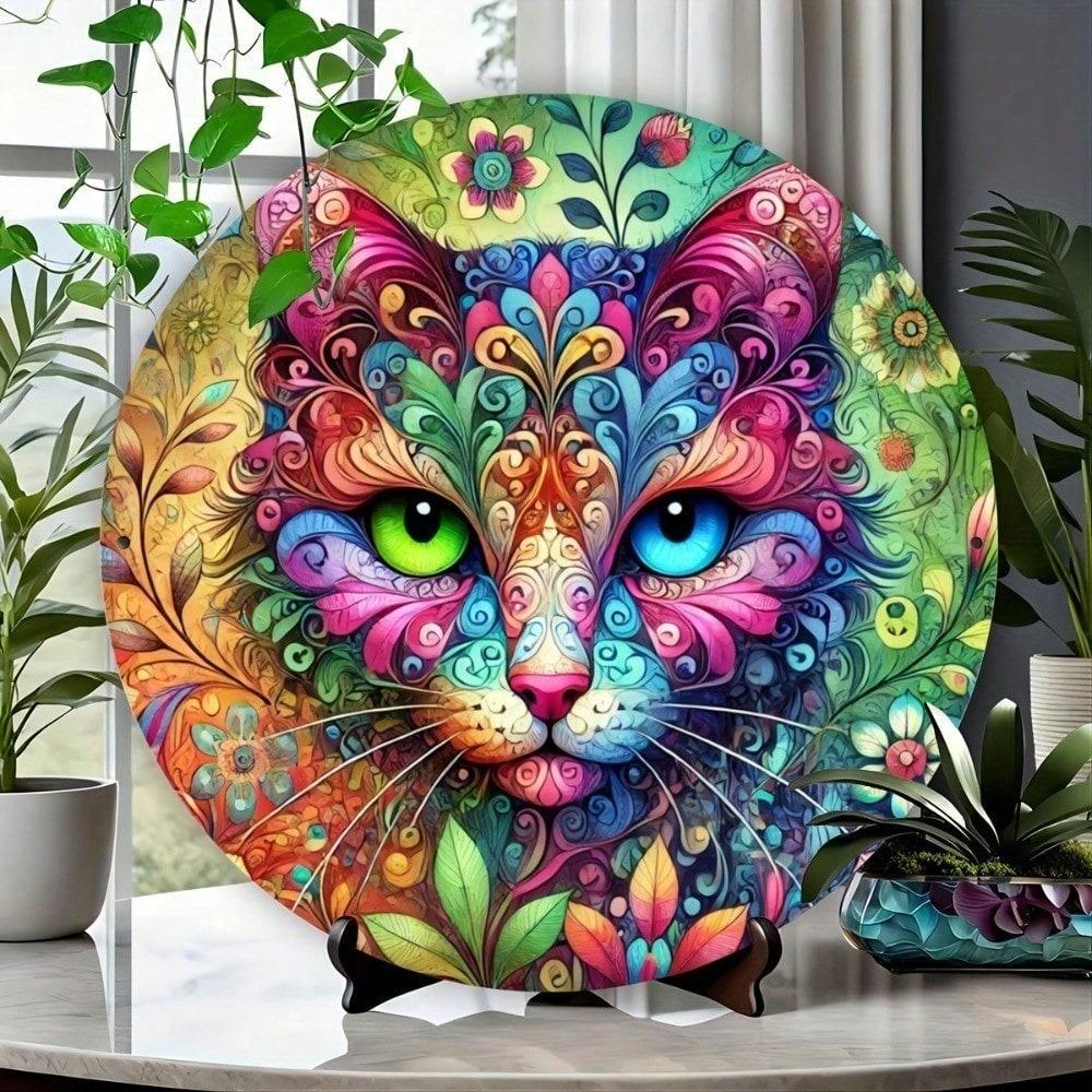 Mandala Cat Metal Tin Sign Wall Art 8x8 Inch, Round Vibrant Decor for Living Room Bedroom