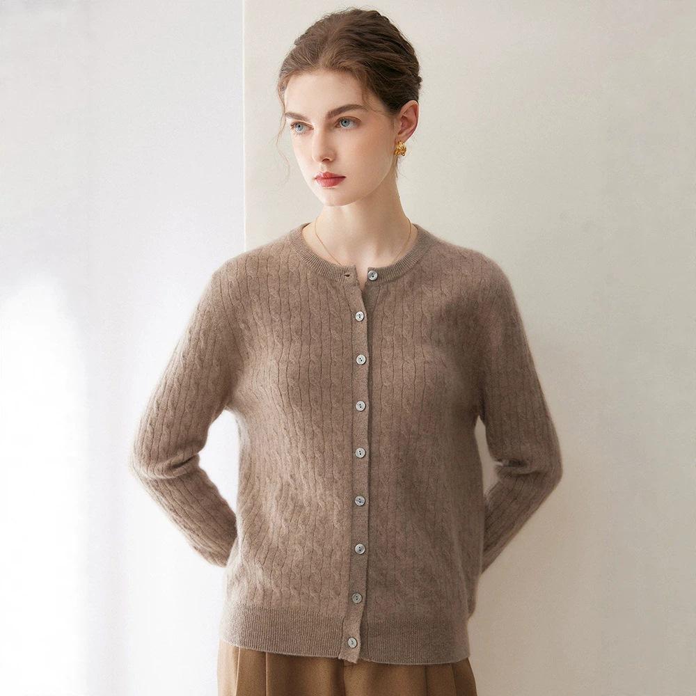 Women's Pure Cashmere Cardigan - Round Neck, Solid Color, Loose Fit, Long Sleeve Knit Sweater