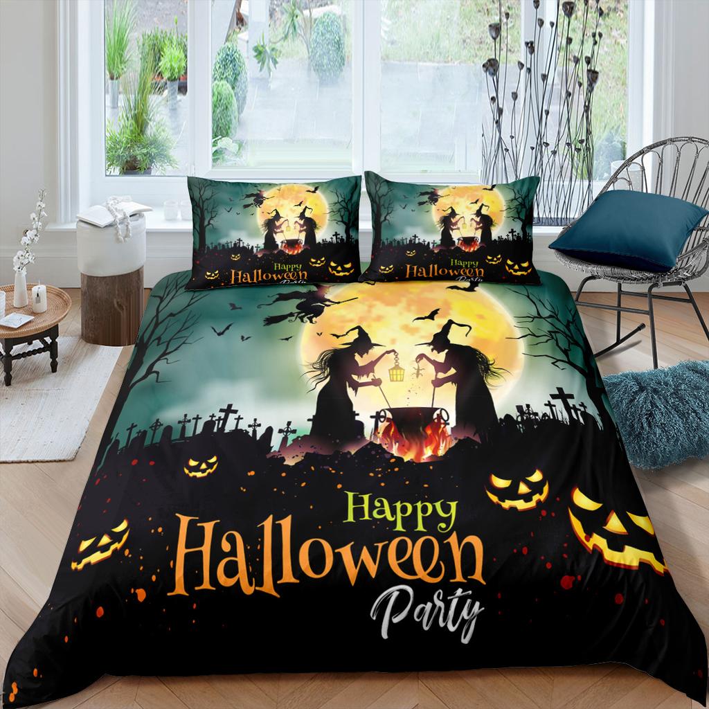 3D Halloween Bedding Set Pumpkin Ghost Quilt Cover Pillowcase 2/3 Pieces AU/DE/EU/US Full Size Soft and Easy To Clean Bedroom Decoration