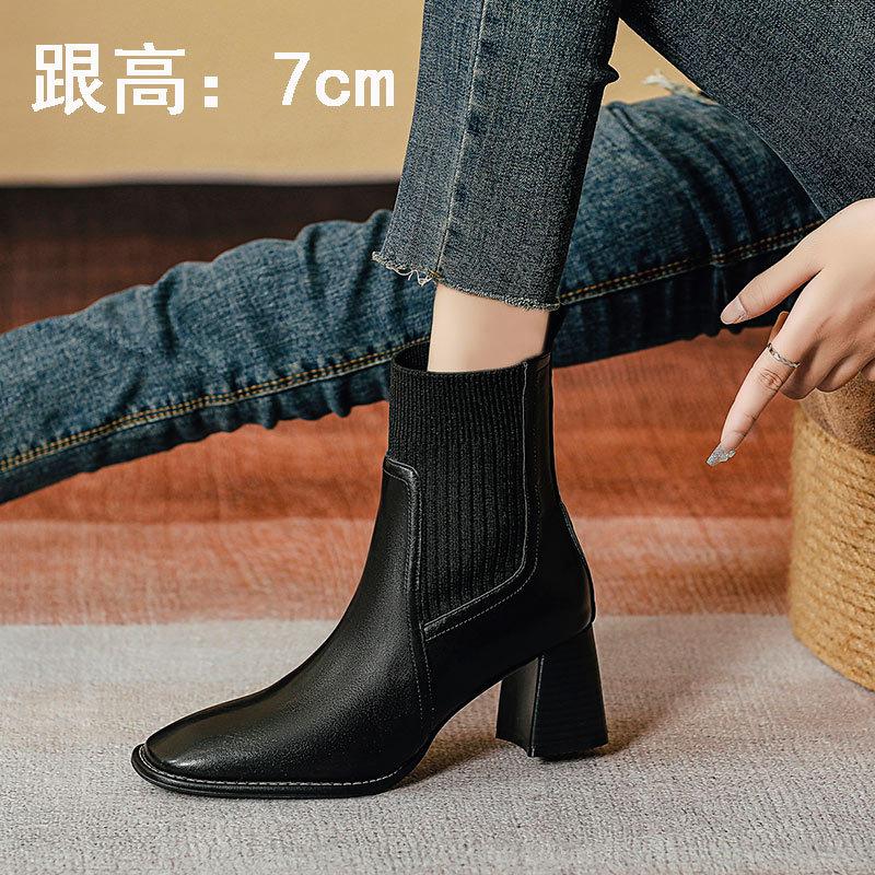 Knitted elastic boots high-heeled short boots women's spring and autumn single boots 2025 new thin boots thick heel medium tube fashion boots
