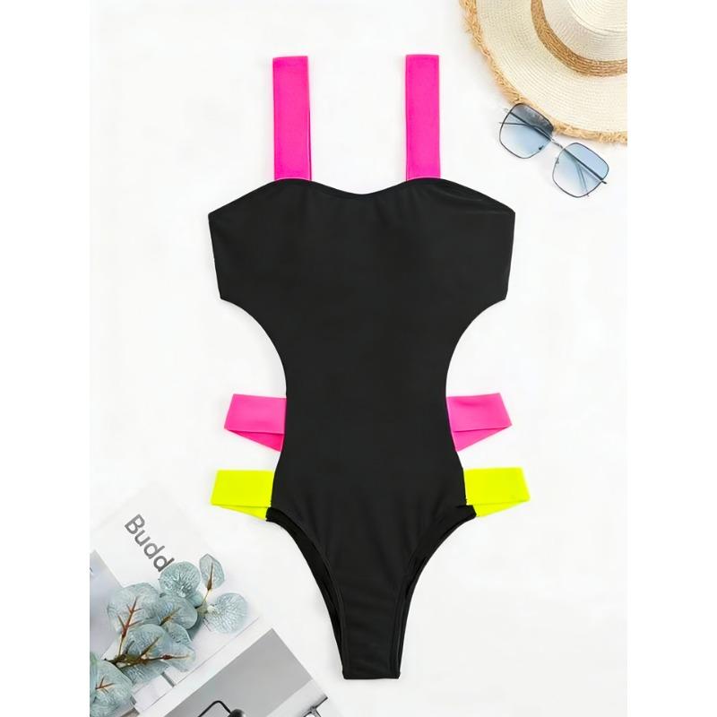 Women Sexy Color Block Backless Slim Fit One Piece Swimsuit