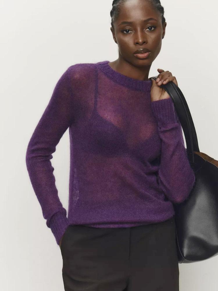 

Мохеровый пуловер с круглым вырезом, весенне-летний, удобный вязаный низ, полупрозрачный свитер, женский, удобная подкладка, свитер с длинными рукавами M