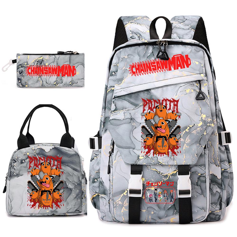 Chainsaw Man Anime Print Student Backpack Set for Girls with Lunch Bag Pencil Case School Daily Use