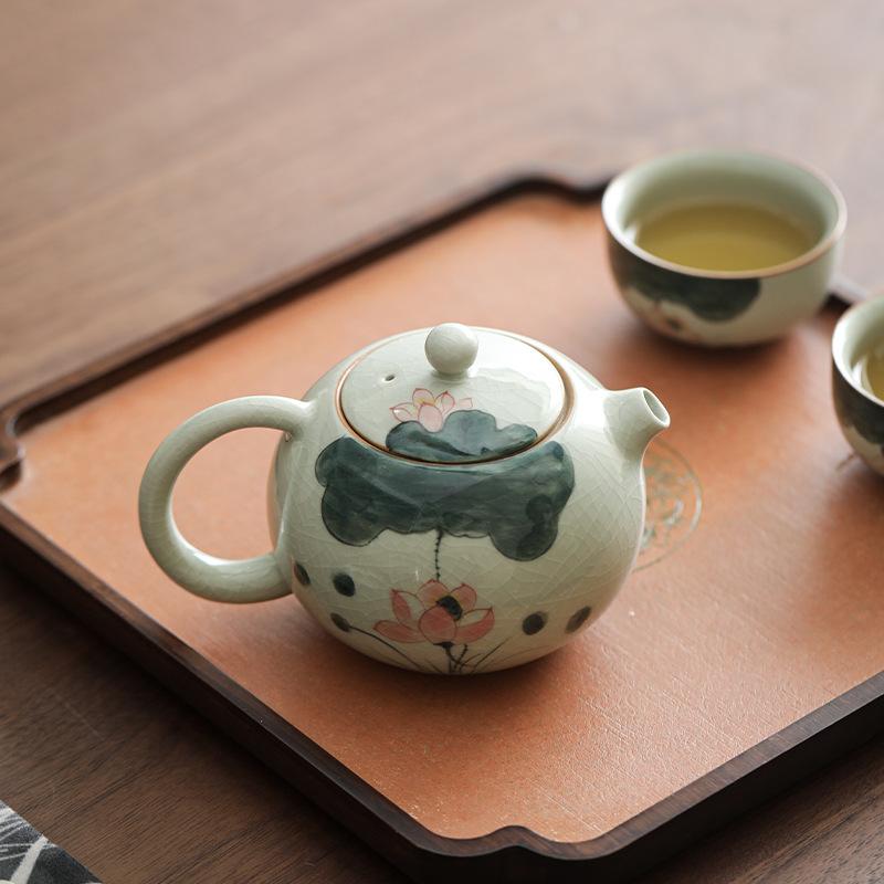Hand-Painted Ge Kiln Travel Tea Set, High-End One Pot, Two Cups, Small Set, Portable Outdoor Kung Fu Teapot, Drinking Tea Cup