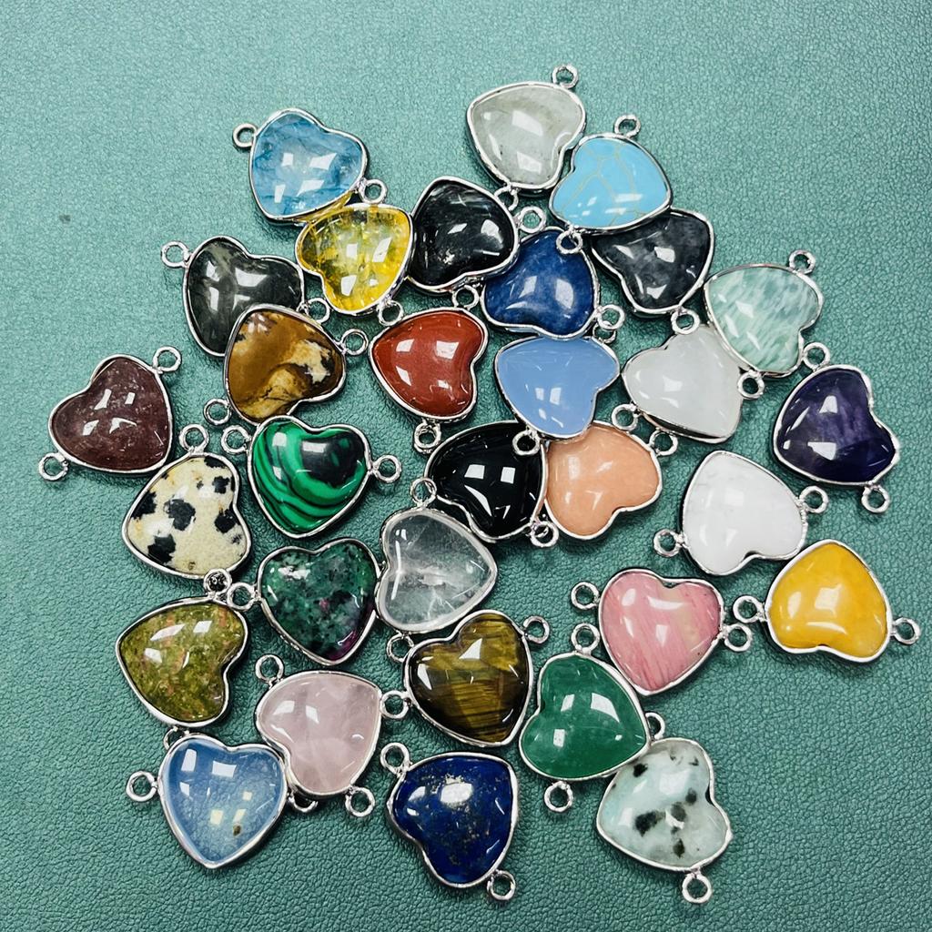 5Pcs/Pack, Healing Crystal Pendant Connectors, Heart-Shaped Natural Stone Quartz Amethyst Malachite Lapis Lazuli Gems Connector for Jewelry Making DIY