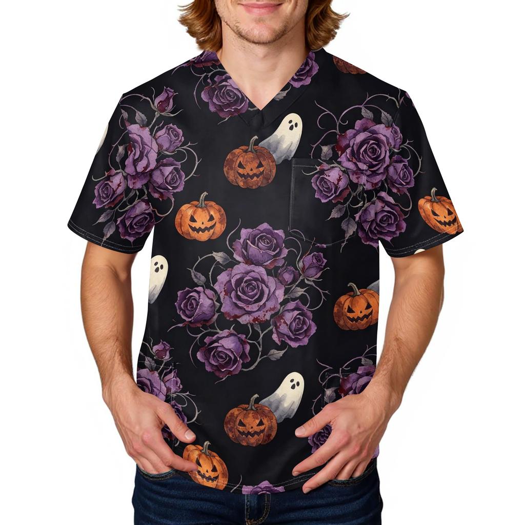Men's Halloween Print Scrub Top Short Sleeve for Work Uniform