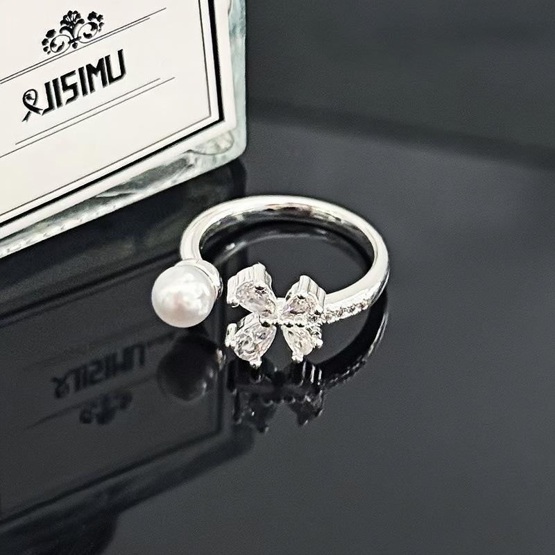 French Gentle Wind Bead Bow Full Diamond Light Luxury Ring Women'S Unique Niche High-End Ring