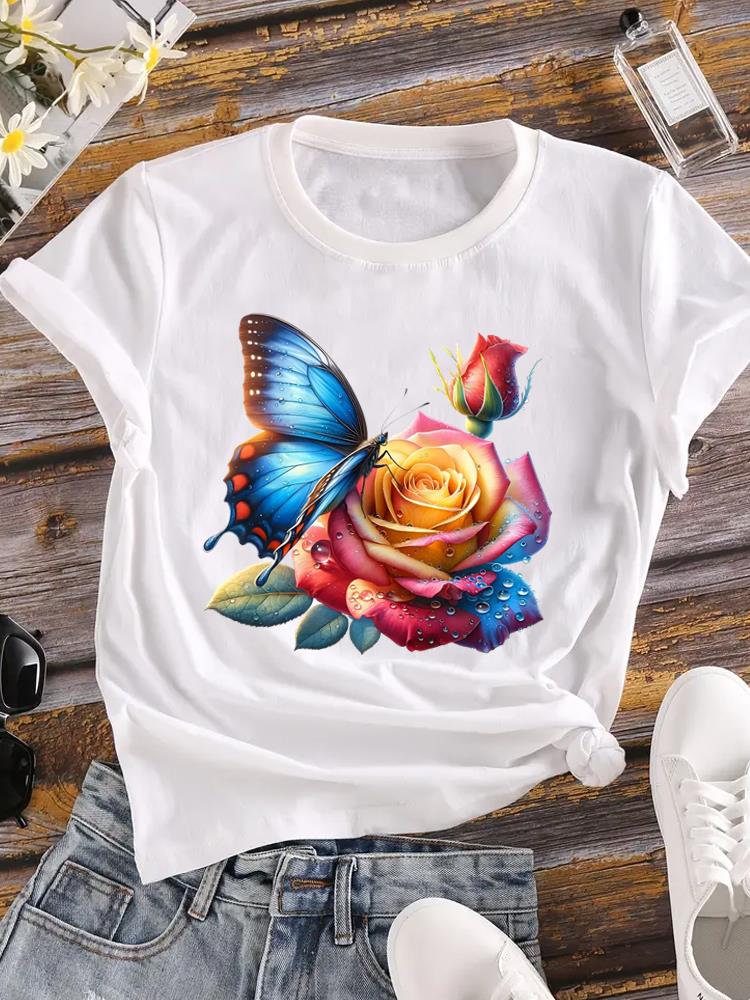 (Asian Size) Printed Female Top T Shirt letter flower Clothing Lady o-neck Short Sleeve T-shirts Casual Fashion Women Graphic Tee